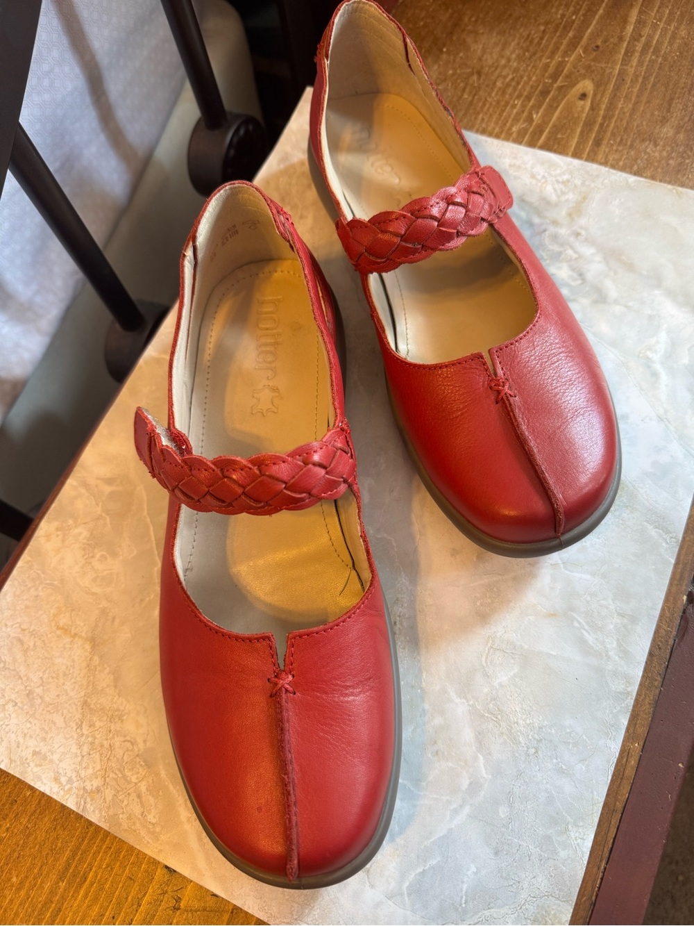 Hotter, Red Braided-StrapVelcro  Mary Jane Womans Shoes. Size 9.5 England